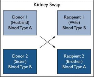A paired exchange donation involves two donor/recipient pairs whose blood types are not compatible.