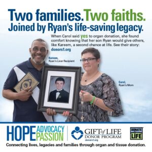 Carol and Kareem hold a picture of Carol's son Ryan, whose was Kareem's liver donor.