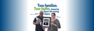 Carol and Kareem pose for a photo with Carol's son Ryan, who was a deceased donor.