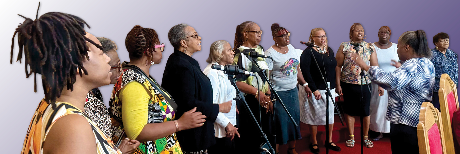 A church choir in various colorful outfits sings while the choir director conducts.