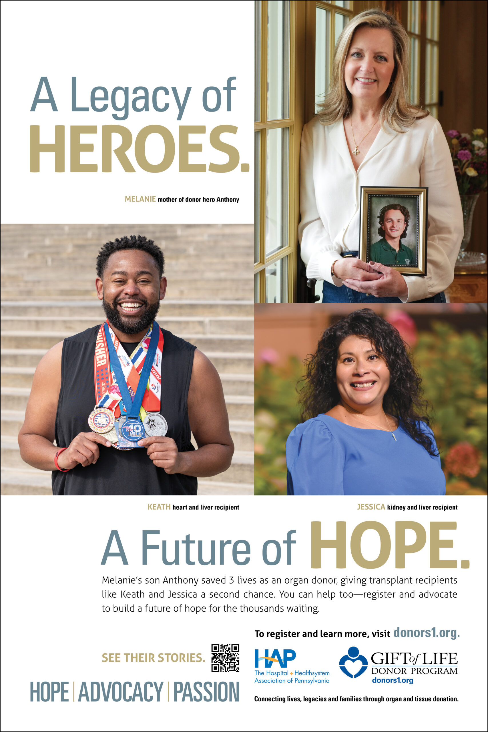 Transplant recipients and the mother of an organ donor hero pose for pictures on this HAP Campaign flyer. 