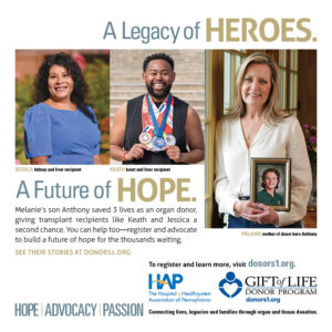 Two organ recipients and the mother of an organ donor are shown on this HAP ad.