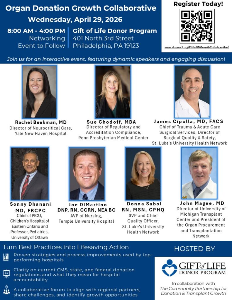 Speakers are shown for the 2026 Organ Donation Growth Collaborative in Philadelphia