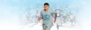 Organ transplant recipient Shaahed Hussain is shown running with cutouts of other runners behind him.