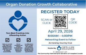 A graphic provides details for the 2026 Gift of Life Donor Program Organ Donation Growth Collaborative in Hershey, PA.
