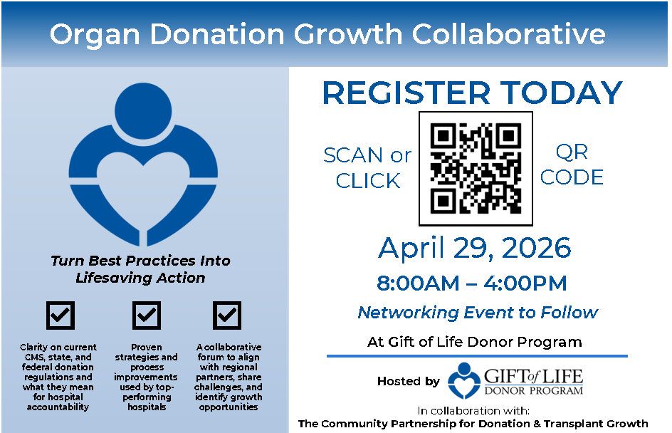 A flyer with details about Gift of Life Donor Program's 2026 Organ Donation Growth Collaborative in Philadelphia.