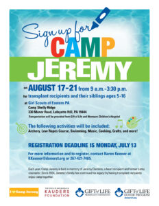 Camp Jeremy 2026 flyer is shown with details about August's week-long day camp.