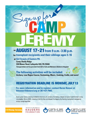 Camp Jeremy 2026 flyer is shown with details about August's week-long day camp.