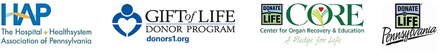 Gift of Life, HAP, CORE and Donate Life Pennsylvania logos are displayed