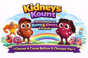 Colorful poster for Kidneys Count with cartoon kidney characters, a rainbow, and a purple banner slogan at the bottom.